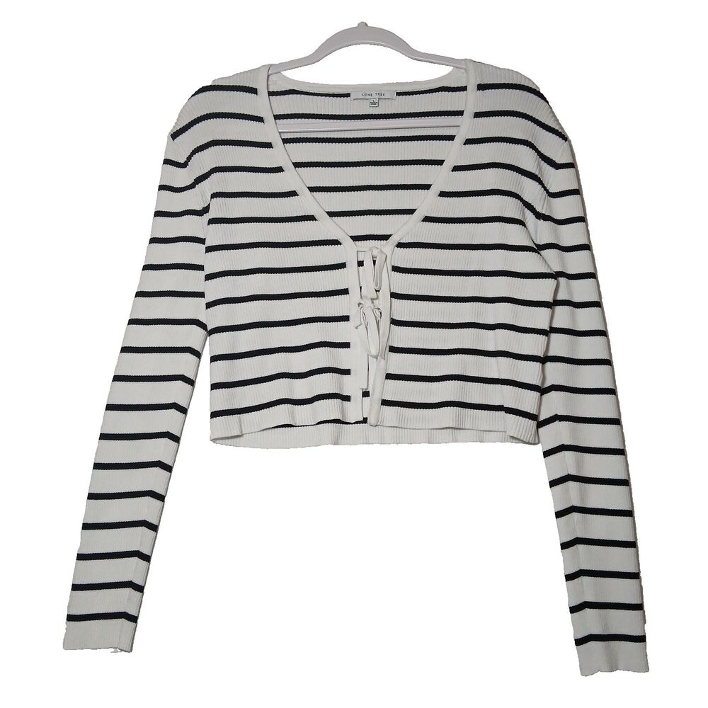 LOVE TREE WOMENS CROPPED KNIT TIE CARDIGAN SWEATER BLACK WHITE LARGE #1085